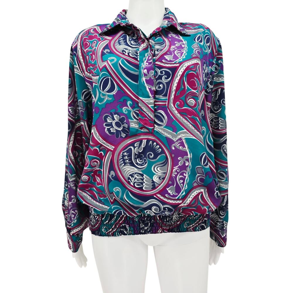 Vintage 80's Paisley Teal Purple Blouse Top 12